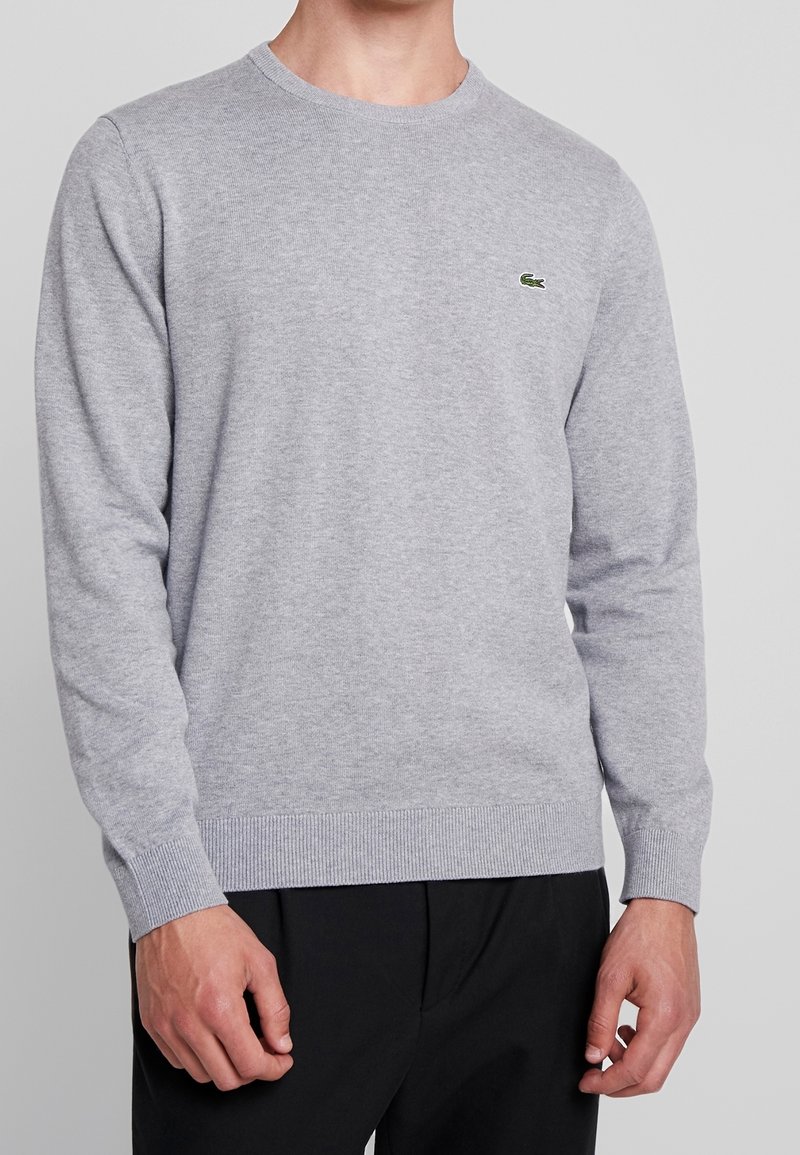 Homme portant un pull léger gris clair à col rond avec un petit logo de crocodile vert sur la poitrine, assorti à un pantalon noir.