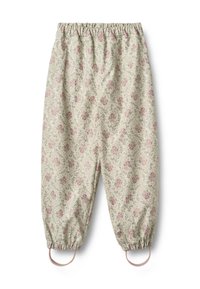 Nohavice s kvetinovým vzorom na tlmenom béžovom pozadí, zdobené ružovými ružami, s elastickým pásom a nariasenými manžetami s očkovými detailmi.