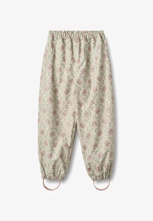 Floral-patterned pants with a muted beige background, featuring pink roses, elastic waistband, and gathered cuffs with looped accents.