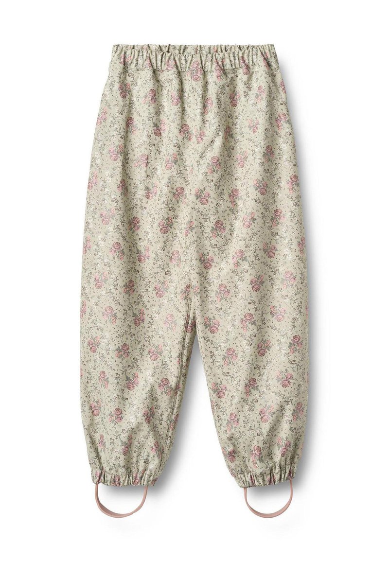 Nohavice s kvetinovým vzorom na tlmenom béžovom pozadí, zdobené ružovými ružami, s elastickým pásom a nariasenými manžetami s očkovými detailmi.