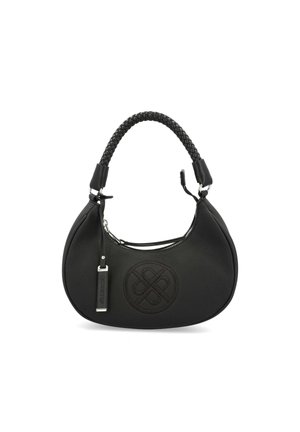 Black handbag with a curved silhouette, textured material, a braided handle, embossed logo detail, and a zip closure. Silver hardware accent.
