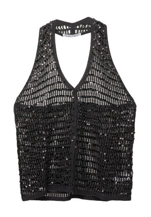 Top sans manches noir présentant un design texturé avec des sequins, un décolleté en V et une fermeture à boutons sur le devant. Tissu léger et aérien.