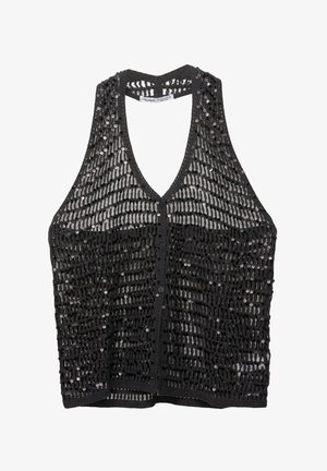 Černý bezrukávový top s texturovaným дизайנם a flitry, véčkovým výstřihem a knoflíkovým zapínáním vpředu. Lehká a vzdušná látka.