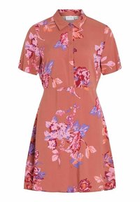 Kurzärmliges, knopfgeschlossenes Kleid mit Kragen in sanftem Koralle, mit einem floralen Muster in Rosa, Lila und Rot.