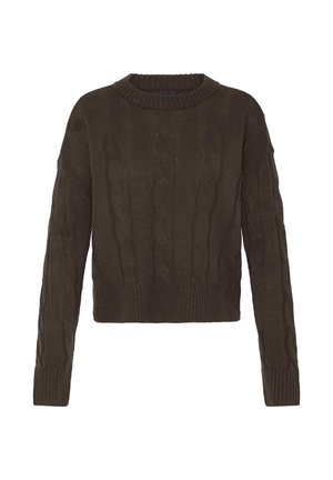 Mørkegrønn kabelstrikket genser med rund hals, ribbede mansjetter og kant. Har teksturert mønster og noe cropped design.