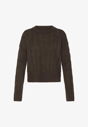 Tumši zaļš adīts džemperis ar apaļu kakla izgriezumu, ribotām aprocēm un apakšmalu. Tam ir teksturēts raksts un nedaudz saīsināts dizains.