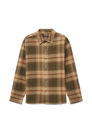 Camicia a maniche lunghe con bottoni, motivo a quadri marrone, beige e ruggine con una tasca sul petto, taglia XL.