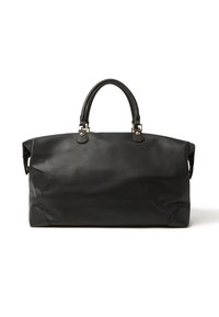 Borsa da viaggio in pelle nera texturizzata con due manici rotondi e hardware dorato, su uno sfondo bianco.