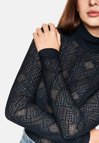 Schwarzes Spitzenoberteil mit geometrischem Muster, langen Ärmeln und hohem Kragen, mit einer weichen Textur und transparenter Optik.