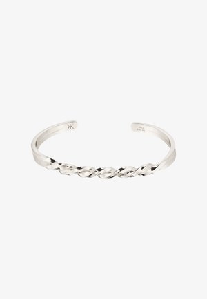 Bracelet manchette en argent ouvert avec un motif torsadé au centre et de petites gravures à l'intérieur du bracelet.