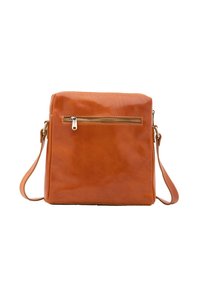 Borsa a tracolla in pelle di un ricco arancio-bruno. Texture liscia con una tasca frontale con zip e cinturino regolabile. Forma rettangolare.