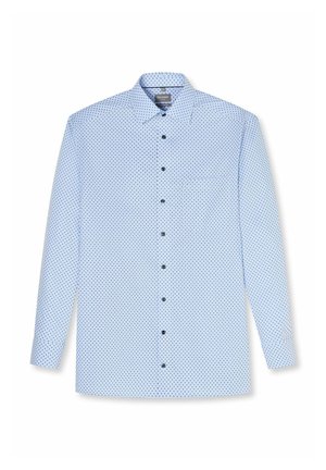 Lichtblauw overhemd met lange mouwen, knoopsluiting, patroon van kleine donkerblauwe ruitjes, klassieke kraag en voorzak, afgebeeld op een effen witte achtergrond.