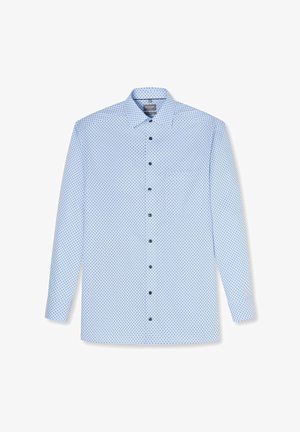 Hellblaues Langarmhemd mit kleinen dunkelblauen Rautenmuster, klassischem Kragen und Brusttasche vor weißem Hintergrund.