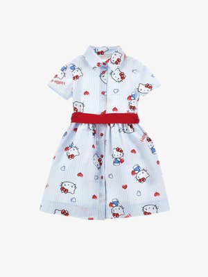 Short-sleeve light blue dress with white stripes, red buttons, red belt, and Hello Kitty faces and heart patterns throughout.