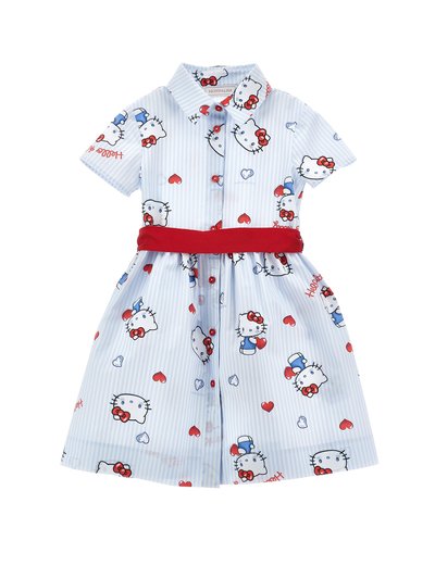 Φόρεμα ανοιχτού μπλε με κοντά μανίκια, με λευκές ρίγες, κόκκινα κουμπιά, κόκκινη ζώνη και διακοσμήσεις με πρόσωπα Hello Kitty και μοτίβα καρδιών σε όλο το σχέδιο.