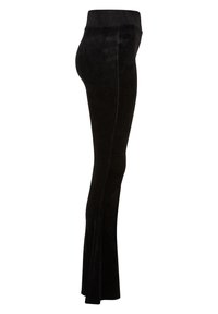 Svarta ribbade leggings med hög midja, tillverkade av mjukt material. De har en utsvängd design och en slät, strukturerad yta.