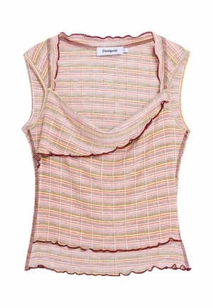 Mouwloos roze geribd gebreid topje met meerkleurige horizontale strepen en golvende randen, met een gevouwen detail over de borst.