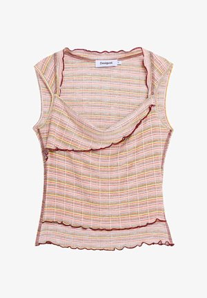 Mouwloos roze geribd gebreid topje met meerkleurige horizontale strepen en golvende randen, met een gevouwen detail over de borst.