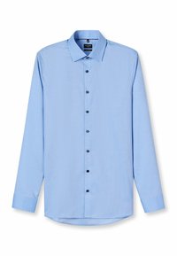 Helles blaues Langarmhemd mit strukturiertem Kragen, strukturiertem Stoff und schwarzen Knöpfen entlang der Vorderseite. Abgerundeter Saum und figurbetonter Schnitt.