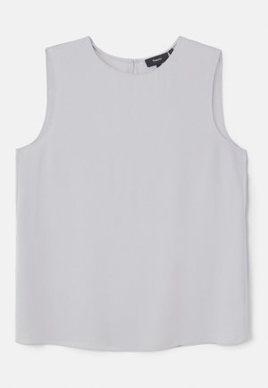 Bez piedurknēm, gaiši pelēks tops, izgatavots no gludas auduma. Tam ir apaļa kakla izgriezuma forma un slēpts aizmugures rāvējslēdzis aizdarei.