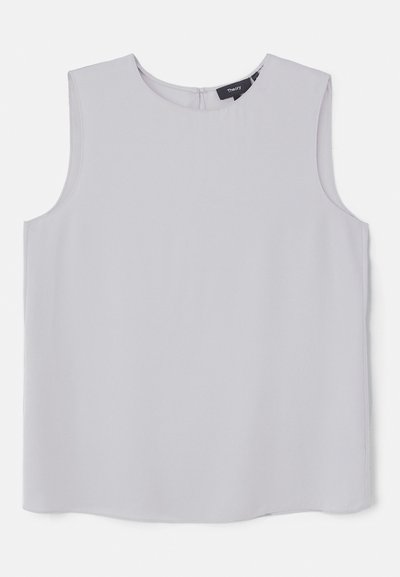 Ujjatlan felső világosszürke színben, sima anyagból készült. Kerek nyakkivágással és rejtett hátsó cipzárral rendelkezik.