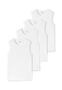 Set di quattro magliette senza maniche bianche in cotone, con collo rotondo e texture liscia. Ogni maglietta presenta un design semplice.