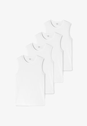 Set aus vier weißen, ärmellosen T-Shirts aus Baumwolle mit einem Rundhalsausschnitt und glatter Textur. Jedes Shirt hat ein schlichtes Design.