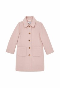 Abrigo de lana rosa claro con cuello con solapa, botones marrones, dos bolsillos frontales y mangas largas. Diseño limpio sin patrones.