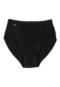 Mutande a vita alta per donne nere, con pannelli in pizzo floreale davanti e bordo elasticizzato smerlato, etichetta del marchio sul lato sinistro.