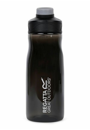 Black translucent plastic water bottle with gray screw cap, featuring "Regatta Great Outdoors" white logo on the front.