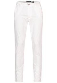 Pantalon en coton blanc avec une coupe droite, doté de poches avant et d'une fermeture à bouton. Texture lisse et lignes simples et épurées.