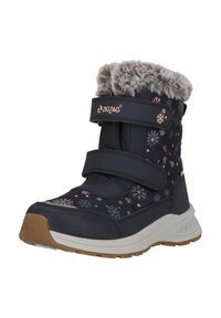 Dunkelblaue Winterstiefel mit grauem Kunstfellbesatz, zwei verstellbaren Klettverschlüssen und einer leichten Sohle. Mit Schneeflockenmuster.