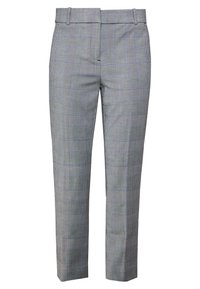 Pantalon en tissu léger à carreaux gris, présentant un motif à carreaux avec des accents bleus. Jambes à coupe droite et devant plat.