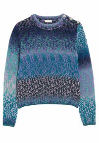 Strickpullover mit Rundhalsausschnitt, der einen Farbverlauf in Lila, Petrol und Grautönen zeigt, sowie dekorative Knöpfe an der Schulter.