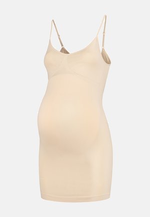 Beige graviddragt slipdress med justerbare spaghetti stropper, sømløst design, strækbart stof og tætsiddende silhuet for komfort.