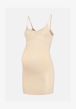 Beige Umstands-Nachtkleid mit verstellbaren Spaghettiträgern, nahtlosem Design, dehnbarem Stoff und figurbetontem Schnitt für Komfort.