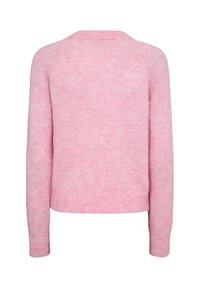 Pull tricoté rose doux à manches longues avec poignets et ourlet côtelés, vu de dos sur fond blanc.