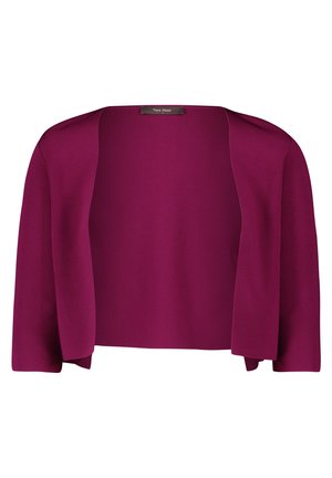 Kurzarm-Cardigan aus tiefmagentafarbenem Stoff, mit einem lockeren Schnitt, offenem Design und glatter Textur. Keine Verschlüsse oder Verzierungen.