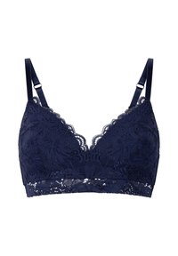 Marine blonder bralette met bloemenpatronen, gegolfde randen, verstelbare bandjes en een zachte, textuurachtige afwerking. Geen beugels.