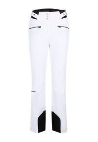 Weiße Skihosen mit schwarzen Akzenten, hoher Taille, Reißverschlusstaschen, Knopfverschluss und glatter Textur. Markenlogo nahe dem Saum.