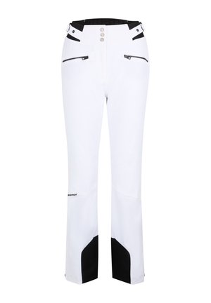 Weiße Skihosen mit schwarzen Akzenten, hoher Taille, Reißverschlusstaschen, Knopfverschluss und glatter Textur. Markenlogo nahe dem Saum.