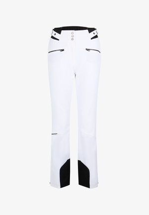 White ski pants with black accents, a high waist, zippered pockets, button closure, and a smooth texture. Brand logo near the hem.