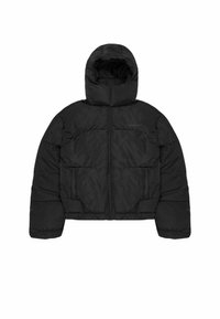 Sort pufferjakke med hætte, der har en frontlynlås, to forreste lommer og en boxy silhuet. Fremstillet af et glat, struktureret materiale.