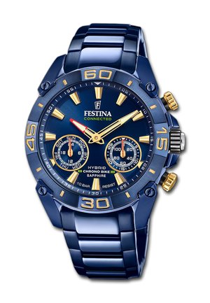 Orologio cronografo ibrido Festina blu con accenti dorati, due quadranti secondari che mostrano il giorno e i secondi, e cinturino a maglie metalliche.