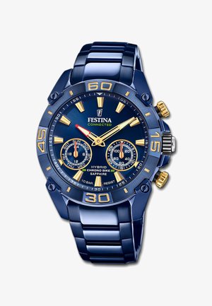 Blaues Festina Hybrid-Chronograph-Uhr mit goldenen Akzenten, zwei Hilfszifferblättern für Tag und Sekunden sowie einem Metallarmband.