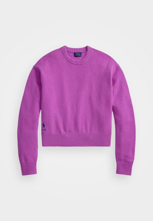 Sweater curto de gola redonda em púrpura vivo. Feito de um tecido de malha suave com punhos e barra canelados. Apresenta um detalhe de logótipo azul-marinho na parte da frente.