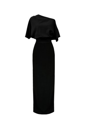 Czarna sukienka z asymetrycznym projektem na jedno ramię, luźną górą i dopasowaną długą spódnicą, wykonana z gładkiego, miękkiego materiału.