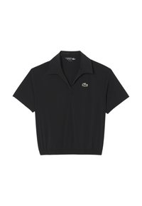 Camisa polo negra hecha de una tela ligera, con cuello de punta, mangas cortas y el logo del cocodrilo verde de Lacoste en el lado izquierdo del pecho.