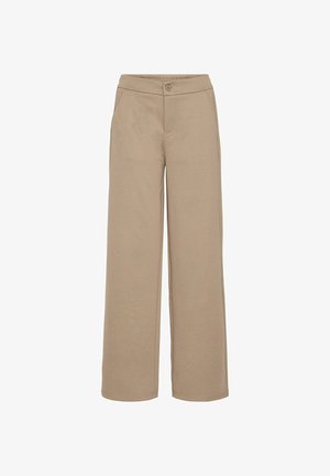 Beżowe spodnie szerokie w nogawkach o gładkiej strukturze, z elastycznym pasem i pojedynczym zapięciem na guzik. Posiada boczne kieszenie.