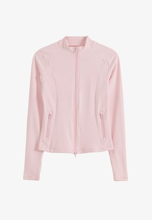 Vaaleanpunainen naisten takki, jossa on pitkät hihat, korkea kaulus, edessä vetoketju ja kaksi vetoketjullista sivutaskua.